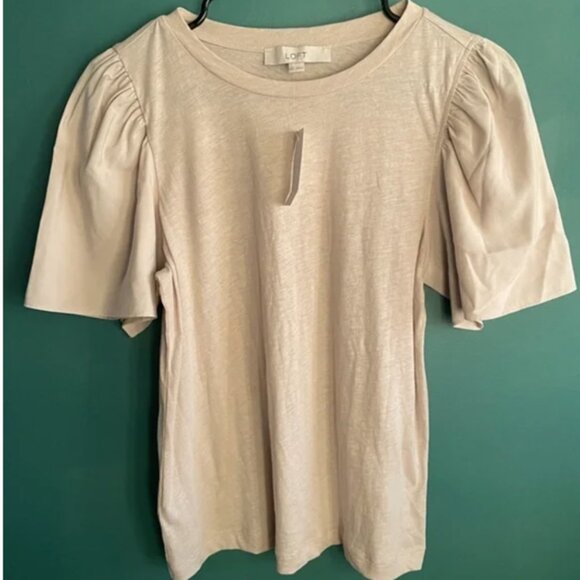 Ann Taylor Loft Mixed Media Flutter Sleeve Top Blouse (Beige) - Picture 1 of 3